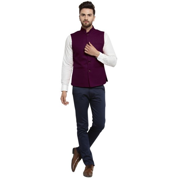 Sleeveless Traditional Jute Fabric Purple Nehru Jacket by Treemoda - Picture 5 of 5